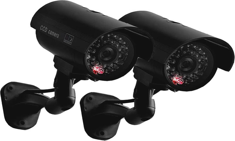 JYtrend Fake Camera, Dummy Camera CCTV Surveillance System with Realistic Red LED Flashing Light for Outdoor and Indoor + Warning Sticker (2 Pack, Black) - Image 1